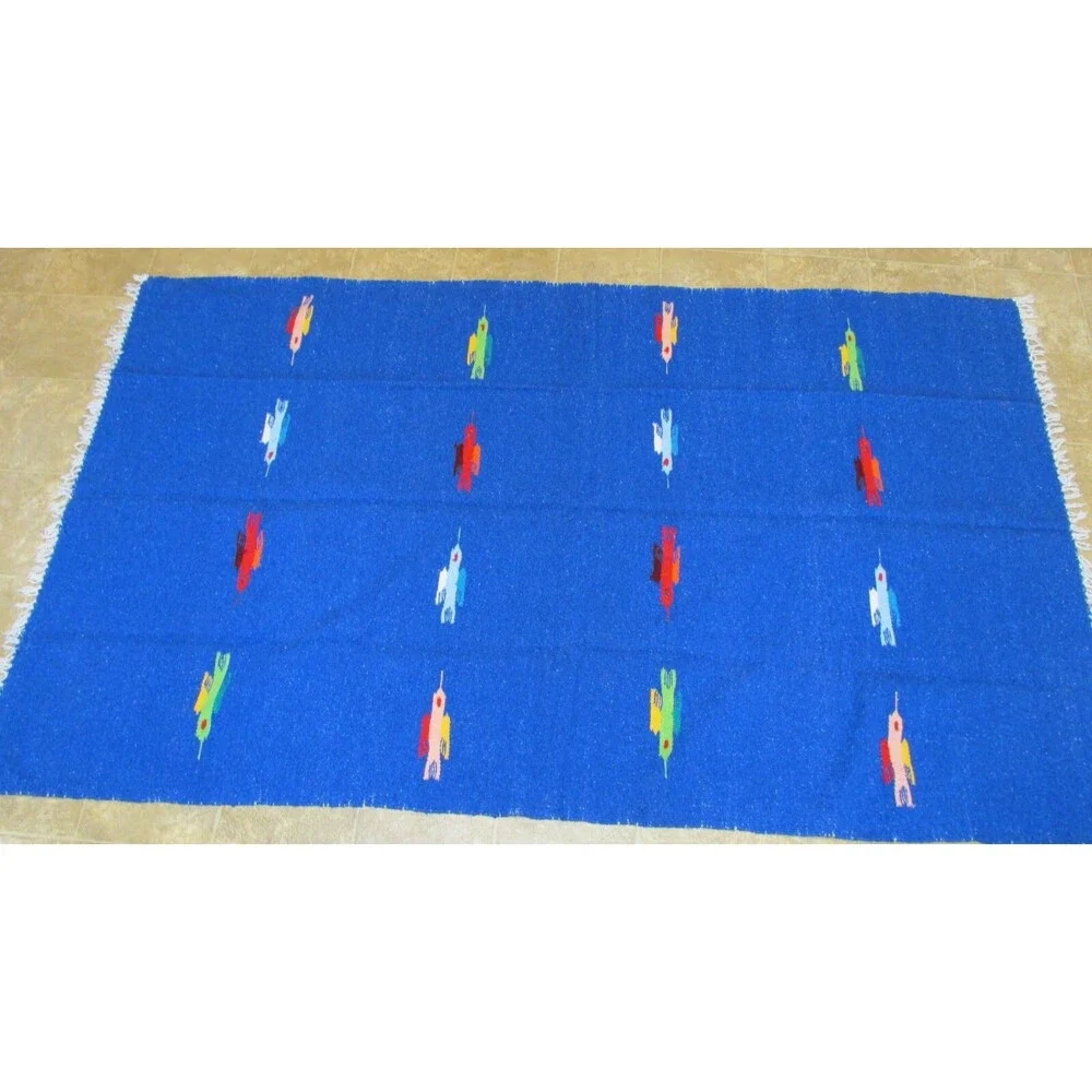 Vtg Mexican Blanket Go Londrina thunderbird  knit artisan Handwoven Blue Rug